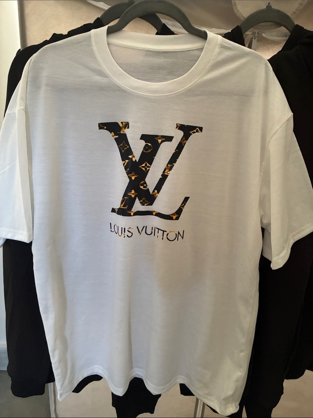 Louis Vuitton style White Tee with Black and Gold LV Monogram